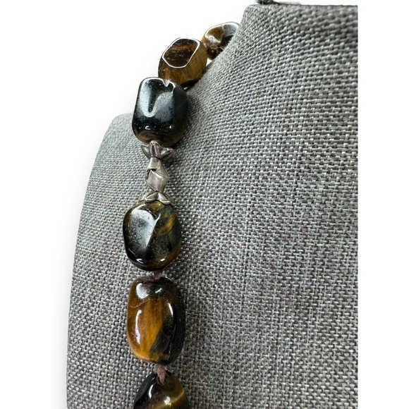 Heavy Sterling Silver Chunky Tigers Eye Necklace Hook Clasp 20” - Picture 5 of 8